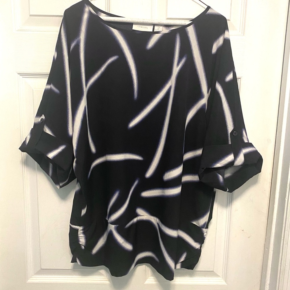 Chico’s Navy and White Women's Dolman Sleeve Top Sz 2/L
